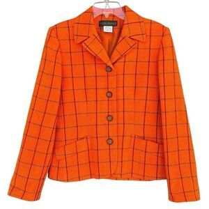 Vintage 60s Orange Plaid Marilyn Forever Wool Button V Neck Collar Career Medium